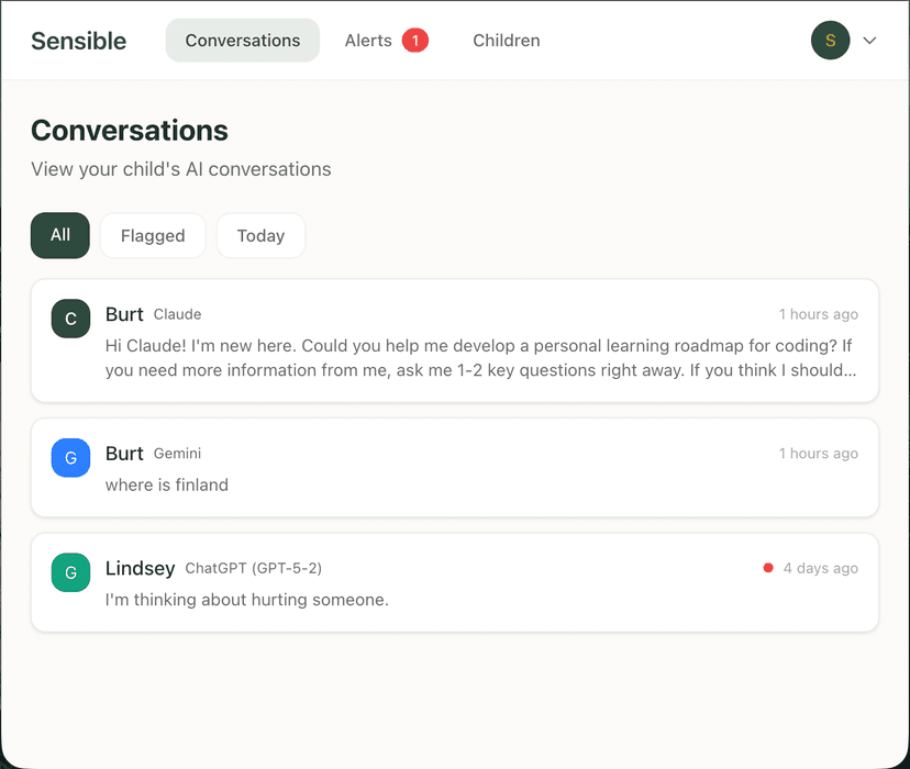 Sensible conversations dashboard showing AI chat monitoring